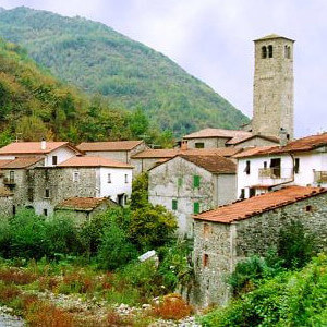 View of Crespiano from the river, with the old mill and church tower in view