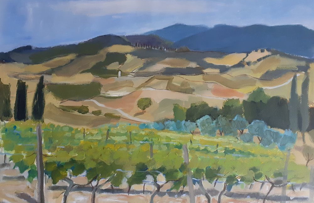 Watercolour painting of a local vineyard at the foot of the Alpi Apuane