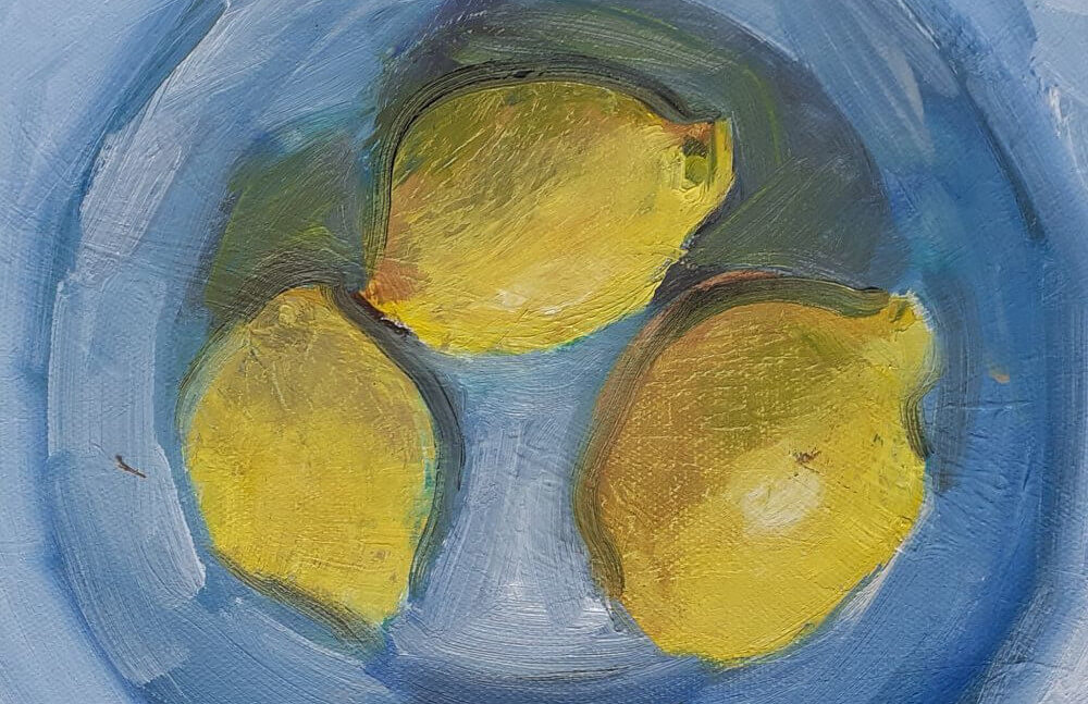Watercolor painting of large Italian Lemons in a Blue Bowl