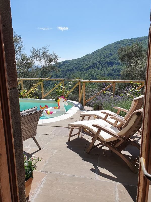 Double doors opening out onto the pool terrace, with view down the valley