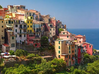 View of Corniglia, located ninety meters above the sea on the top of a promontory and surrounded by vinyards